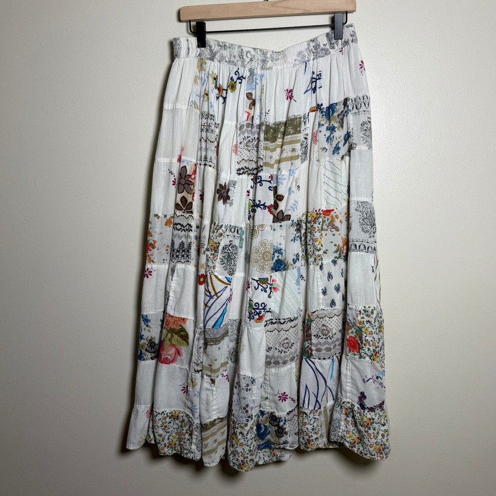Womens Cotton Skirt White Patchwork Floral Tiered Maxi Boho Gypsy Shabby